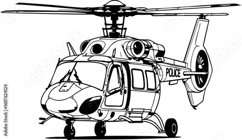 Police helicopter outline illustration with spotlight and clean lines isolated on white