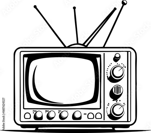 Vintage 70s television with dials and antenna. Outline vector icon isolated on white