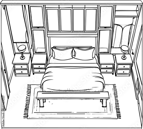 Bedroom layout with bed and wardrobe. Outline vector illustration isolated on white