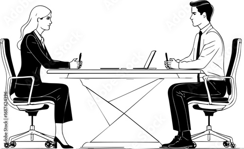 Outline vector of job interview scene with candidate and interviewer at desk