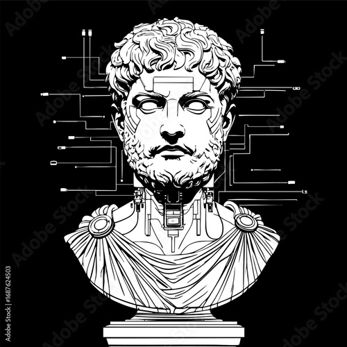 Greek bust with cybernetic implants. AI-remix outline vector illustration isolated on white