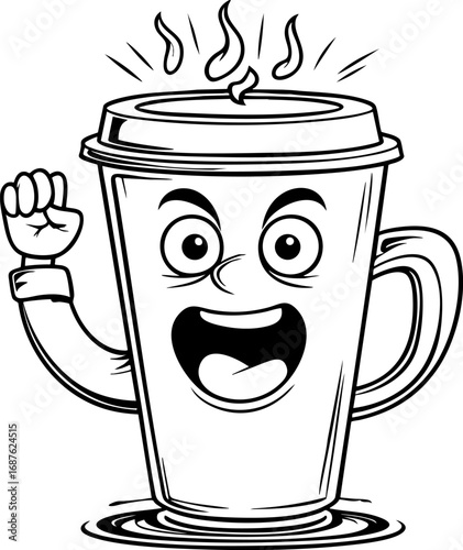 Coffee cup shouting at tired person – outline vector humor concept
