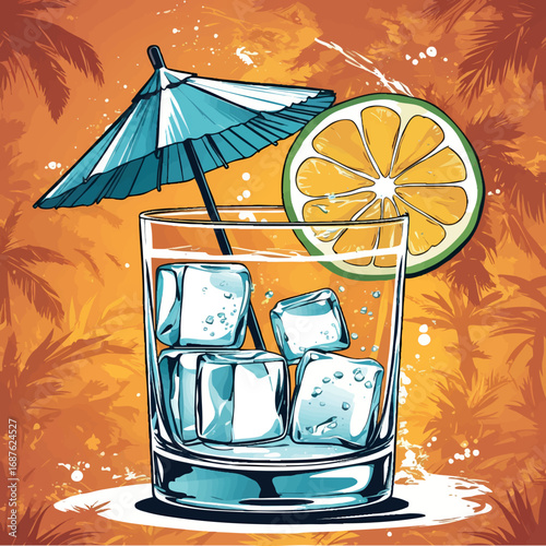Tropical cocktail with umbrella and citrus. Outline vector illustration isolated on white