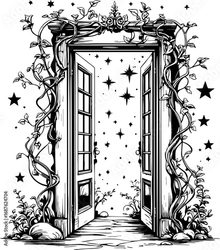 Gateway to imagination — surreal escape outline vector design