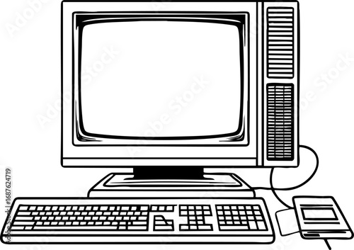 90s CRT computer monitor with floppy and keyboard. Outline vector illustration isolated on white