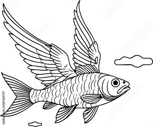 Surreal flying fish — outline vector of fish with bird wings in the sky