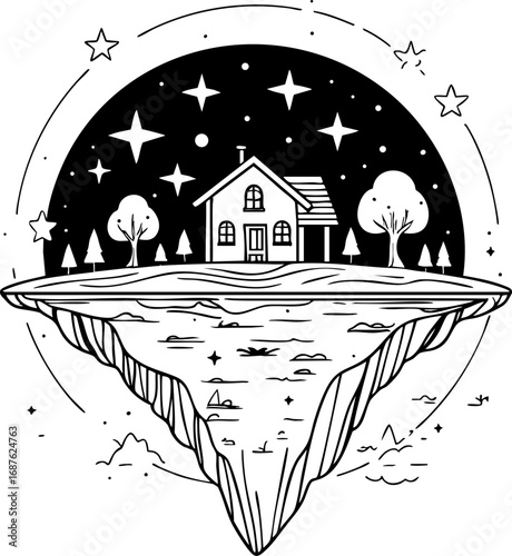 Dreamlike floating island outline — surreal vector with stars and nature