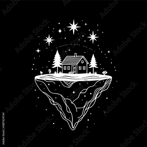 Dreamlike floating island outline — surreal vector with stars and nature
