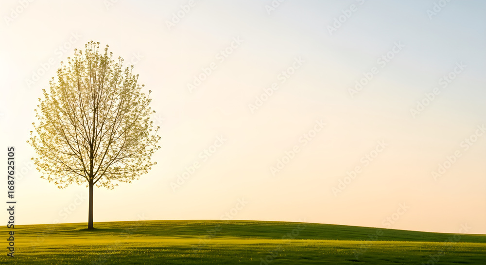 Fototapeta premium Spring Tree Green Hill Golden Sky Minimalist Landscape