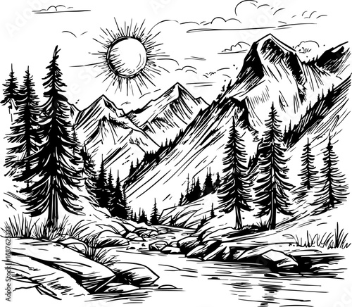 Handcrafted mountain landscape with trees and river. Outline vector illustration isolated on white