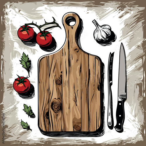 Rustic cutting board with tomato and garlic. Outline vector illustration isolated on white