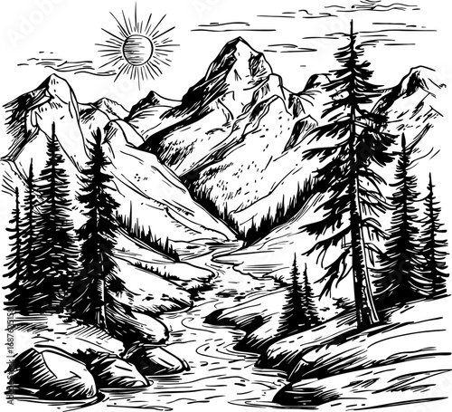 Handcrafted mountain landscape with trees and river. Outline vector illustration isolated on white