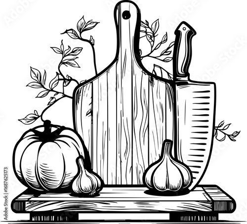 Rustic cutting board with tomato and garlic. Outline vector illustration isolated on white