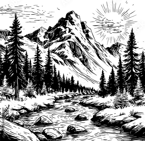 Handcrafted mountain landscape with trees and river. Outline vector illustration isolated on white