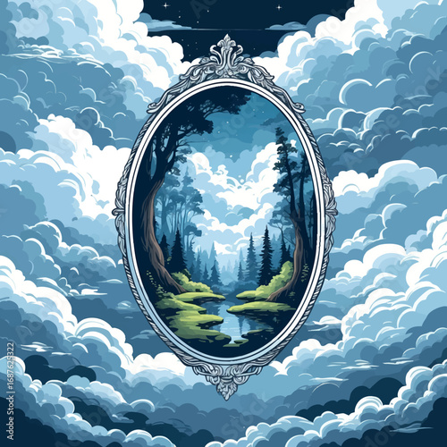 Floating mirror as a dream portal — surreal fantasy window to another world