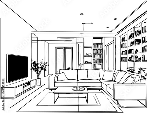 Modern open-plan living room layout. Outline vector illustration isolated on white