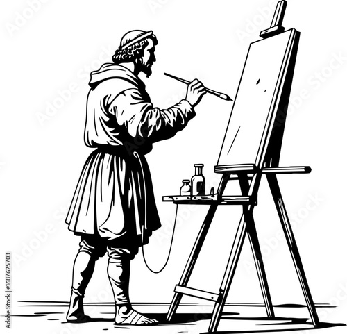 Renaissance artist painting at easel. Outline vector historical scene isolated on white