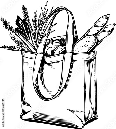 Reusable shopping bag with plant. Handcrafted eco-friendly outline vector isolated on white