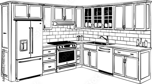 U-shaped kitchen layout with full zoning. Outline vector illustration isolated on white