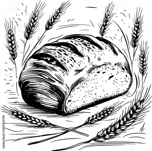 Artisan bread with wheat in handcrafted sketch style. Outline vector illustration isolated on white