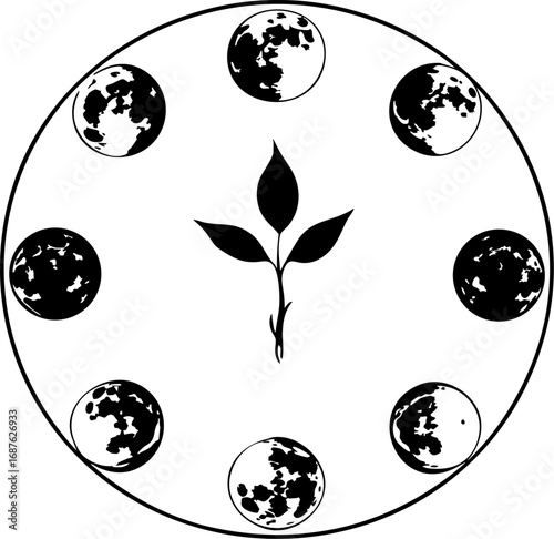 Outline vector of life cycle with moon phases and sprouting leaf symbol of rebirth and renewal