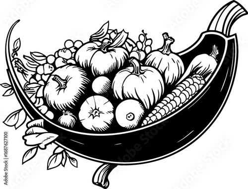 Outline vector of cornucopia with fruits and vegetables classic symbol of abundance