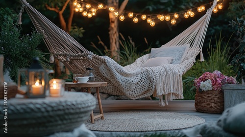 Cozy outdoor hammock at dusk.  Relaxing garden setting with string lights, blanket, and cushions
