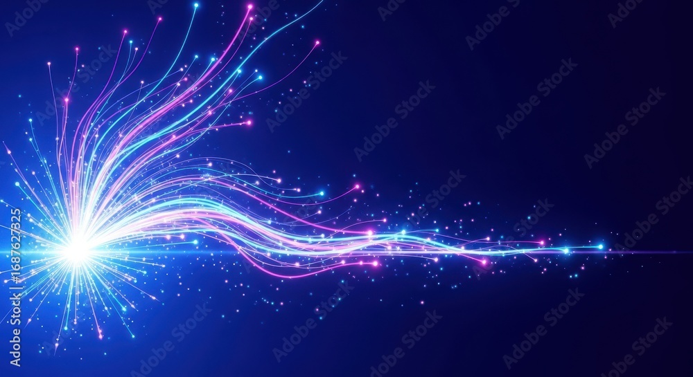 Fototapeta premium Bright glowing energy streams with particles abstract light