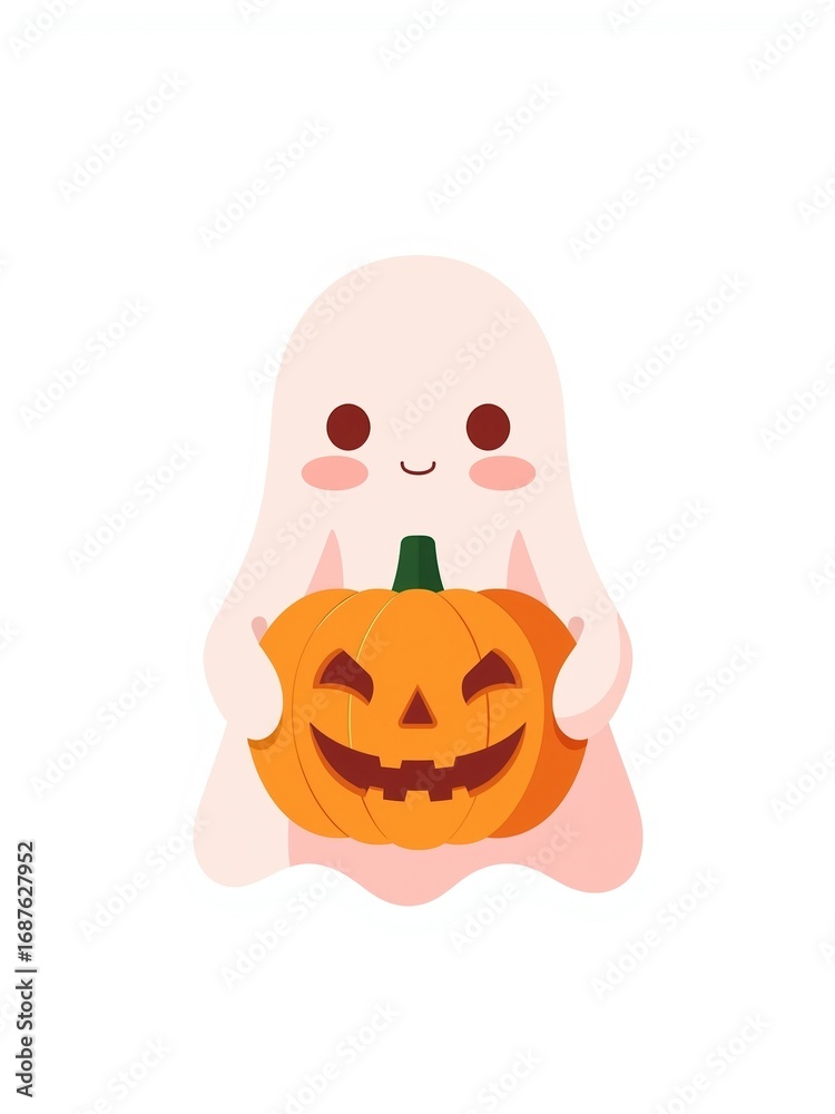 Fototapeta premium Cute cartoon ghost holding a carved Halloween pumpkin with a smiling face on a white background