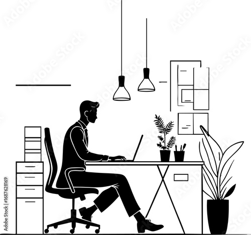 Outline of office worker using laptop at desk clean vector illustration