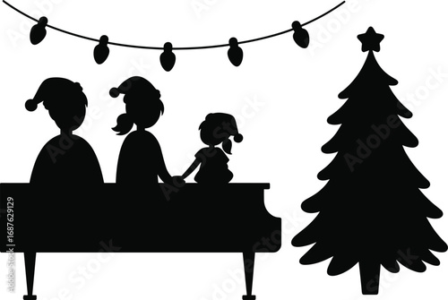 Family singing Christmas carols, kids and parents at piano, festive holiday celebration, Christmas tree, holiday lights, joyful family moment, winter season, flat vector illustration
