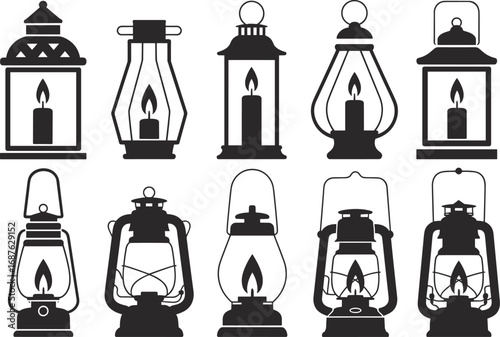 Flat vector illustration of vintage oil lanterns and camping lamps with burning flame, old rustic lighting icons, silhouette style.