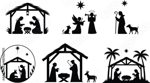 Nativity scene silhouette, Mary and Joseph praying, baby Jesus, shepherd, angels, star of Bethlehem, manger, Christmas religious vector illustration