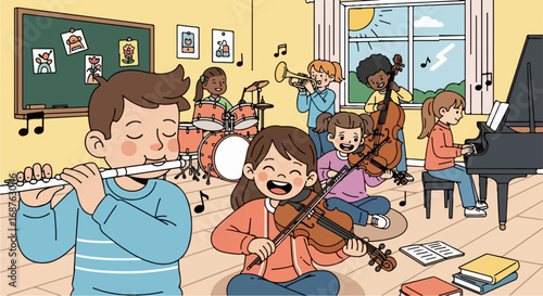 Music class with children playing flute, violin, trumpet, drums, cello and piano. Happy kids enjoy music lesson in classroom. Bright music class concept for school posters or website.