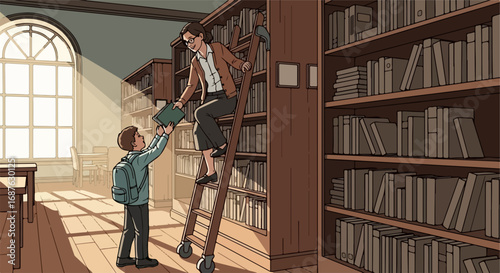 Librarian assisting young student with book selection in library.  Friendly librarian on ladder helps boy reach high shelf.