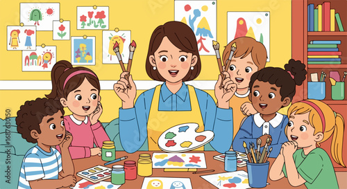 Happy teacher with group of diverse children painting in classroom.  Preschool art class includes colorful paints, brushes, and creative projects.  Students enjoy learning and making art.