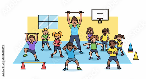 Kids gym class with teacher and children doing exercises. Energetic kids gym class includes stretching and strength training exercises.