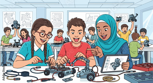 Robotics class for kids, showing children building robots with teacher guidance.  Students work on small robotic cars, using tools and a tablet.