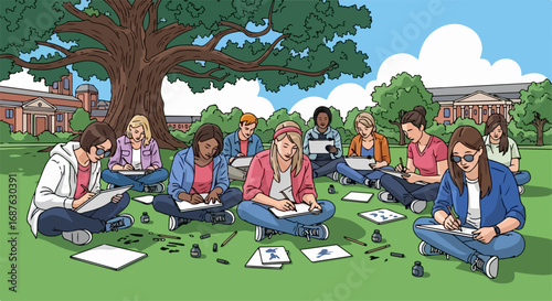 Students drawing and sketching outdoors under large tree on campus. Group of students sits on grass, creating artwork.  Students enjoy art class outside university buildings.