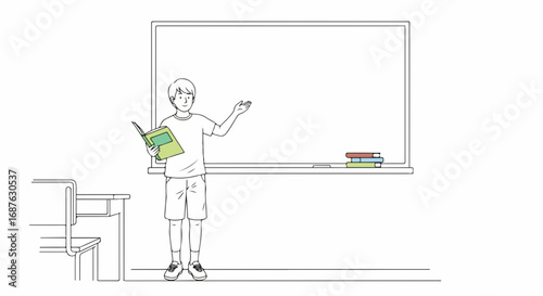 School presentation with young student and whiteboard in classroom ready for his school presentation. School presentation by pupil with open book in hand,