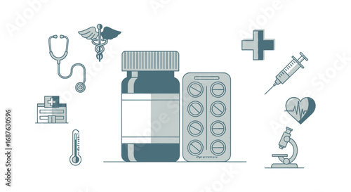 Illustration depicting medical supplies, including pills, a bottle, and healthcare symbols on a white background.