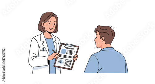 A female doctor in a white coat explains a diagnosis on a clipboard to a male patient.