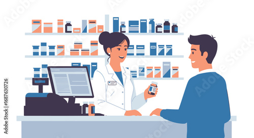 A female pharmacist in a white coat hands medication to a male customer at the pharmacy counter, with shelves of medicine behind them.