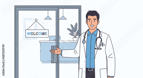 A smiling doctor welcomes patients into his clinic, indicated by a "Welcome" sign on the door.