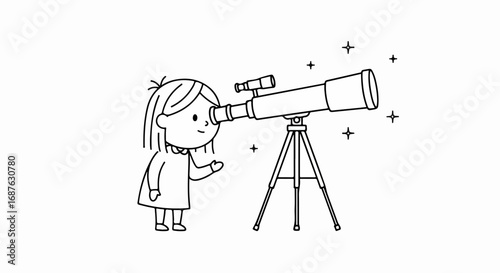 Girl with telescope illustration in outline design isolated on white background, a cute girl is using telescope for astronomy.