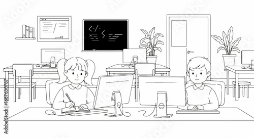 Studying coding at school in classroom shows children in computer class learning programming. Learning coding helps develop problem-solving skills and logical thinking.