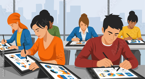 Art students in classroom working on graphic tablets shows students in classroom learning and developing design skills. Art students mastering technology through hands on experience in classroom.