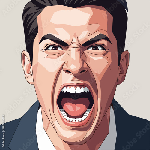 Angry man with open mouth yelling depicts intense emotional expression, capturing his facial expression of frustration and rage. Angry man shows rage and anger, highlighting human emotion.