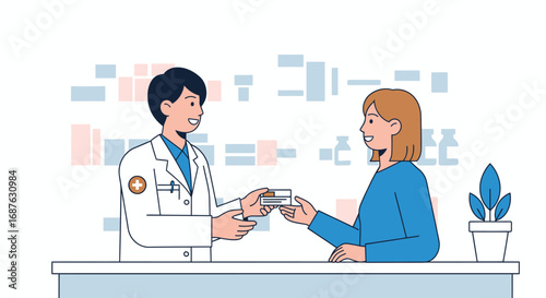 A doctor in a white coat hands a prescription to a female patient at a counter in a medical setting.