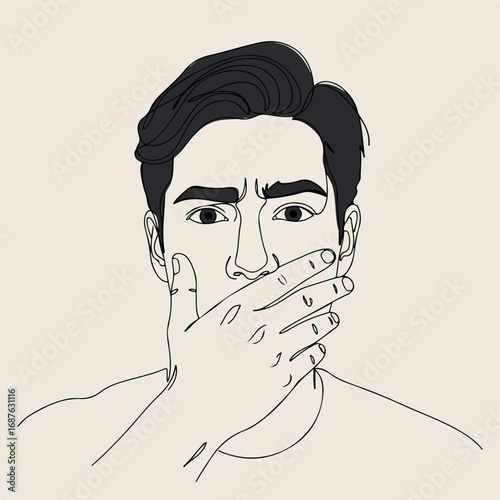 Man holding mouth closed, a silent man expressing concern and holding hand to mouth. Man is concerned about something and making a silent gesture, as he has witnessed or heard something shocking.